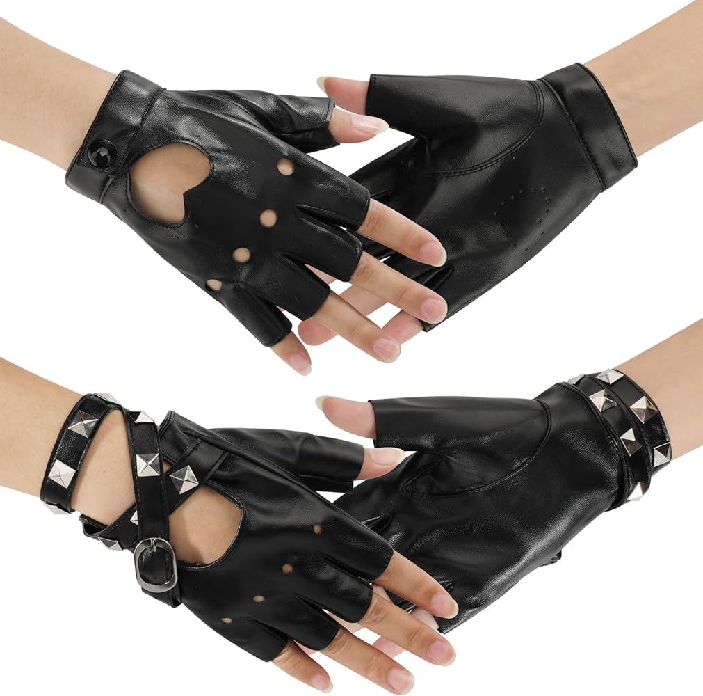 Punk Style Black Leather Fingerless Gloves for Women and Men